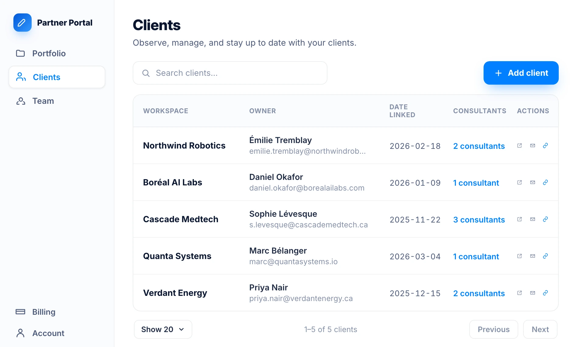 Chrono Partner Portal clients list showing client workspaces, owners, dates linked, and assigned consultants