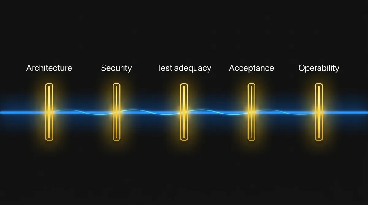 Five review gates on a delivery timeline: architecture before build, security and test adequacy before merge, acceptance before release, operability before handover