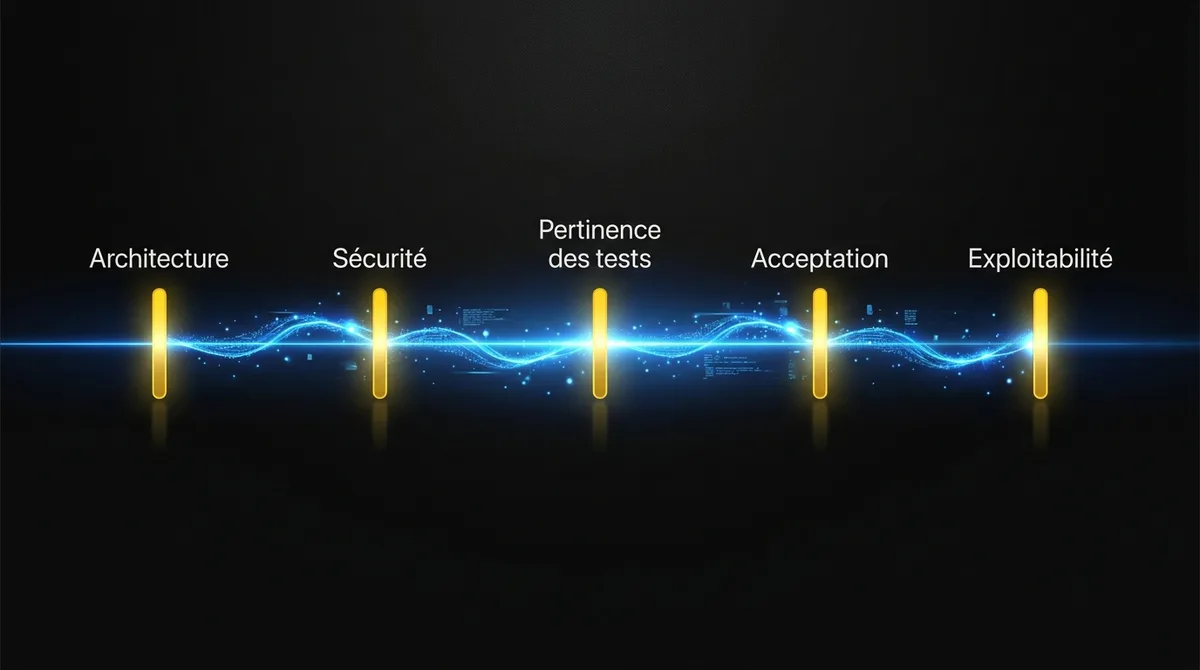 Diagramme montrant cinq points de revue sur une ligne de temps : architecture avant le développement, sécurité et pertinence des tests avant la fusion, acceptation avant la mise en production, exploitabilité avant la passation