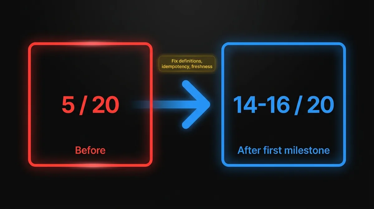 Billing dispute agent before and after the first foundation milestone: 5 of 20 before, 14 to 16 after, with definitions, idempotent credits and a freshness gate added