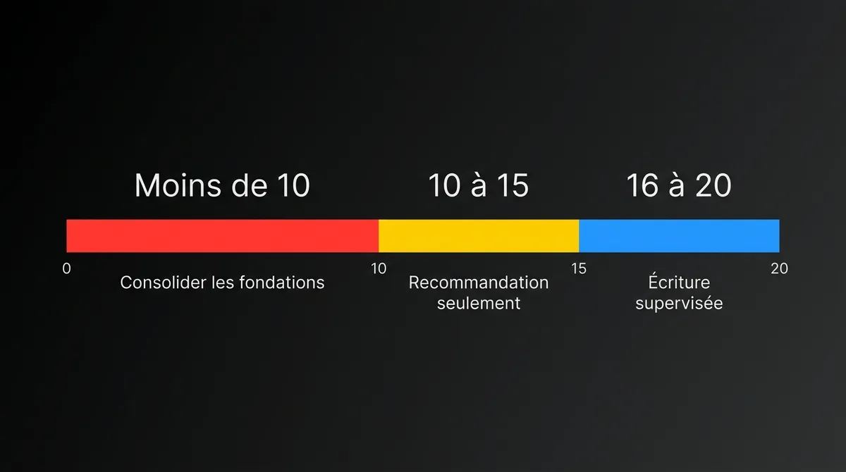 Diagramme montrant les paliers du score de préparation sur 20 : de 16 à 20, écriture supervisée; de 10 à 15, mode recommandation seulement; moins de 10, consolider les fondations