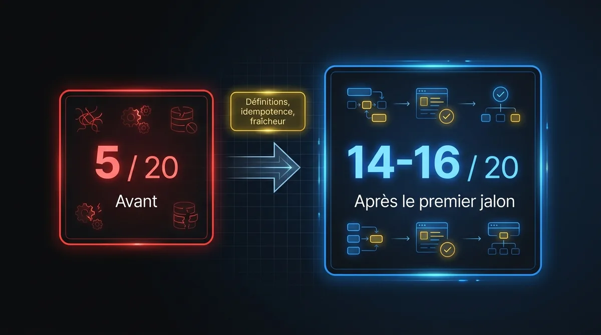 Diagramme montrant l’agent de litiges de facturation avant et après le premier jalon de fondation : 5 sur 20 avant, de 14 à 16 après, avec définitions, crédits idempotents et contrôle de fraîcheur ajoutés