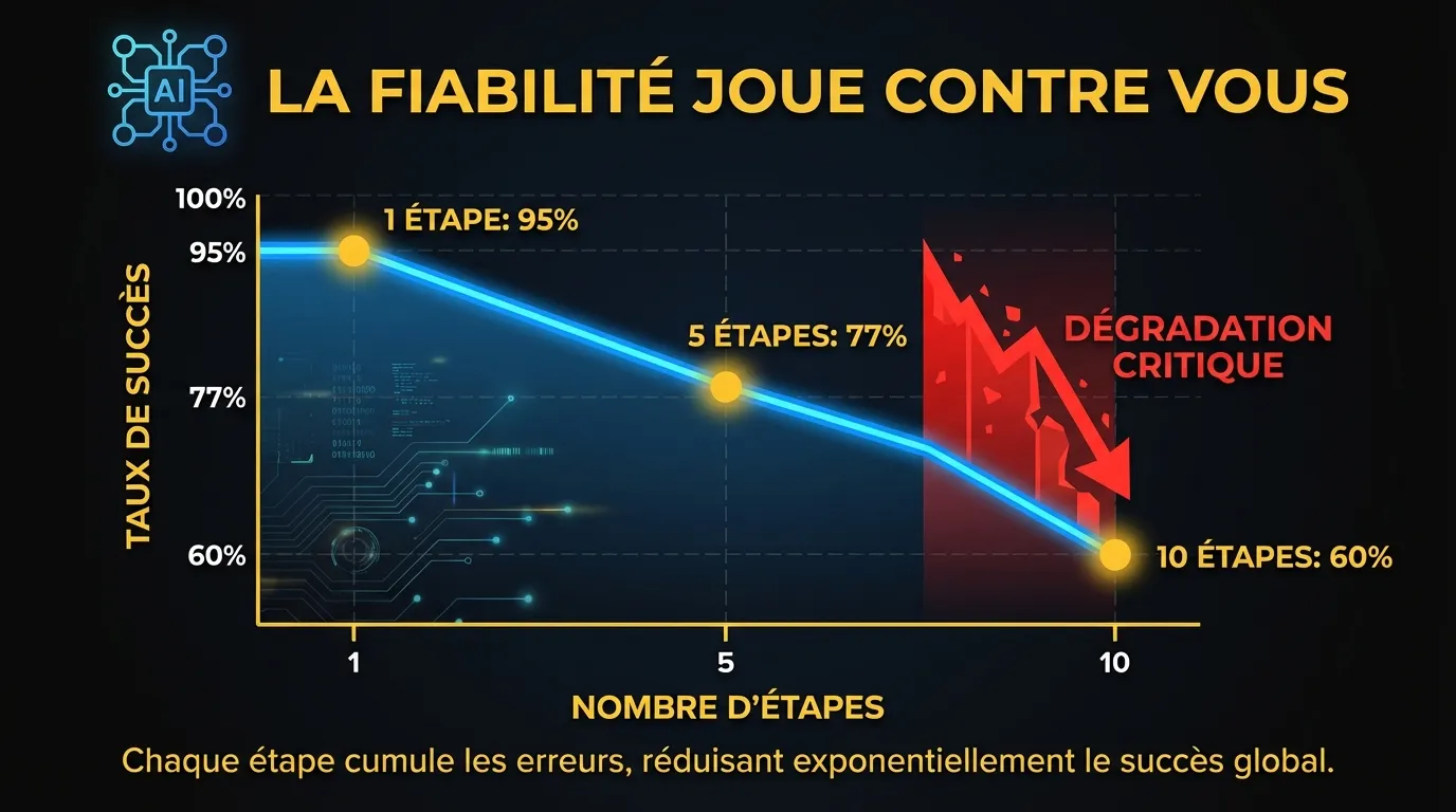 Visualisation de la façon dont les coûts et la fiabilité de l'IA agentique s'accumulent sur les étapes du workflow, montrant une fiabilité de 95% par étape qui tombe à 77% sur 5 étapes et 60% sur 10 étapes