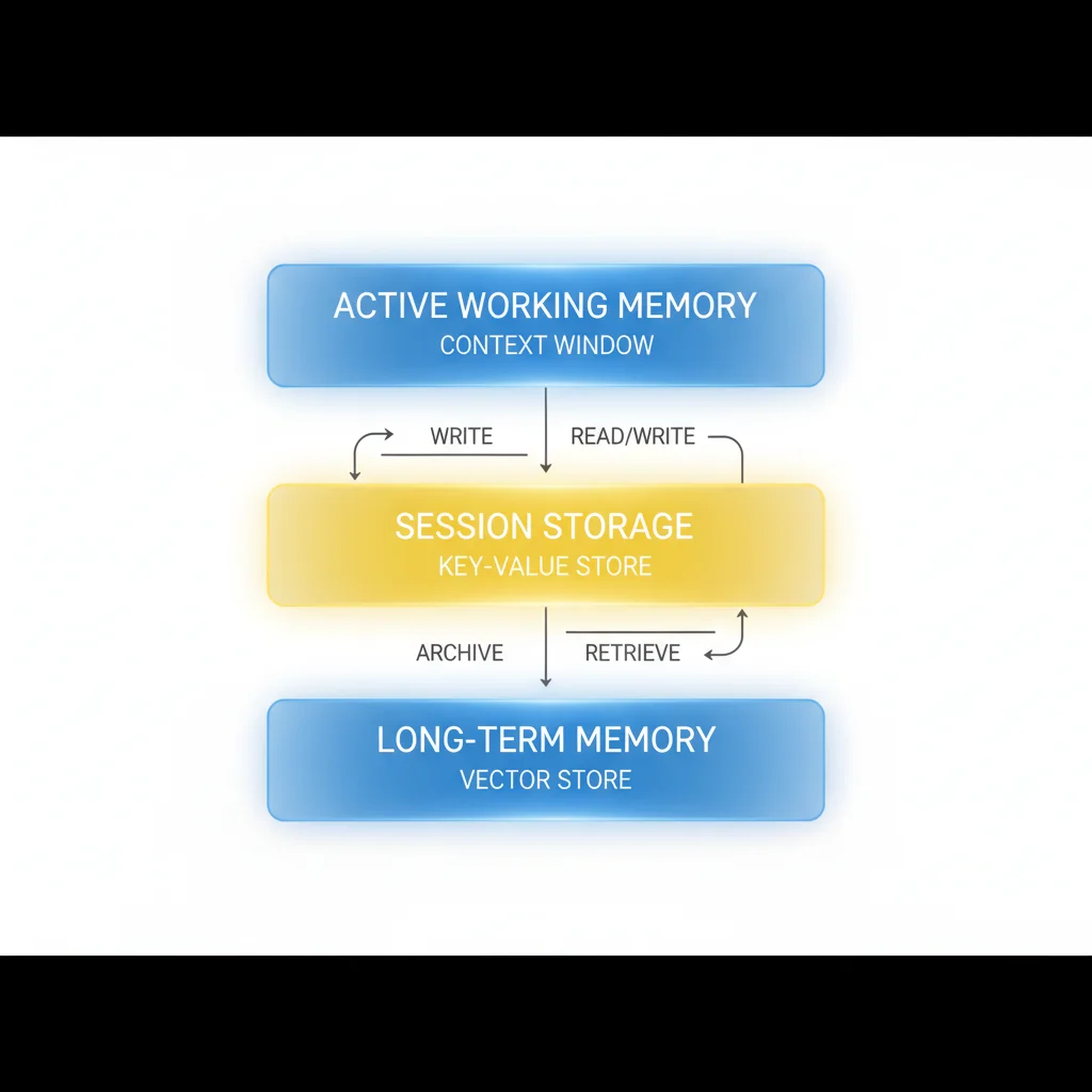 Tiered state management architecture: active working memory in context window, session storage in key-value store, long-term memory in vector store
