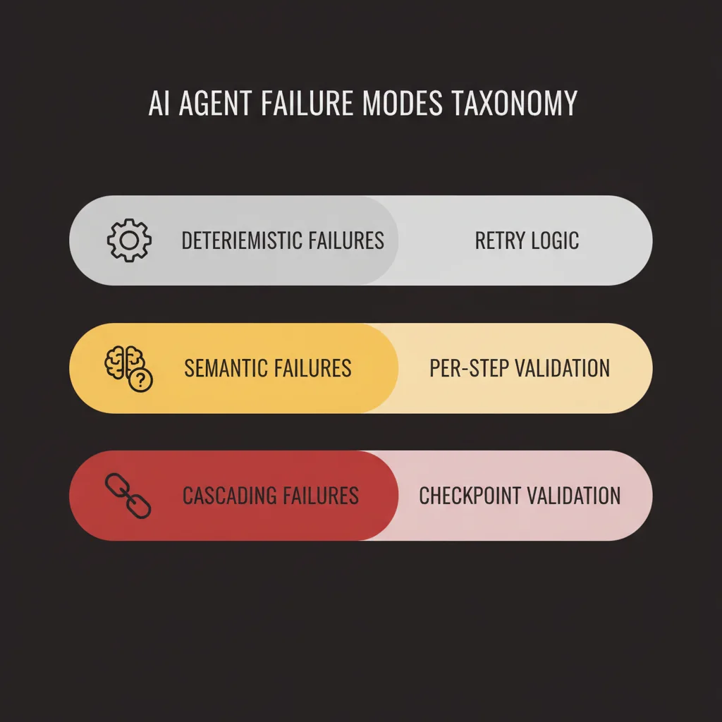 AI agent failure modes taxonomy: deterministic failures with retry logic, semantic failures with per-step validation, cascading failures with checkpoint validation