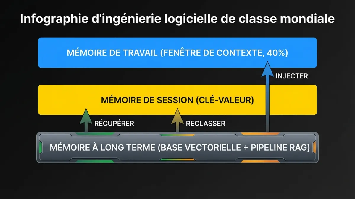 Diagramme des trois couches de memoire des agents en production : memoire de travail dans la fenetre de contexte, memoire de session dans les magasins cle-valeur et memoire a long terme dans les bases vectorielles avec pipelines de recuperation
