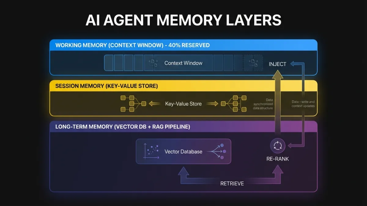 Diagram of the three memory layers in production agents: working memory in the context window, session memory in key-value stores, and long-term memory in vector databases with retrieval pipelines