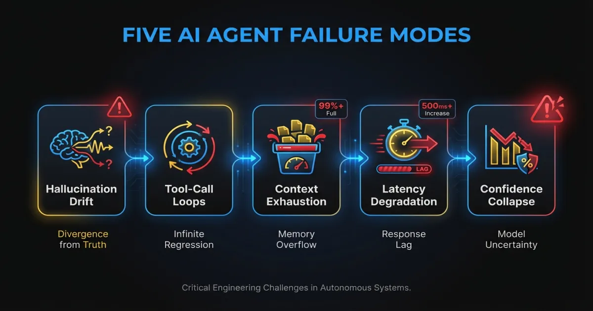 AI agent observability dashboard showing five failure modes: hallucination drift, tool-call loops, context exhaustion, latency degradation, and confidence collapse