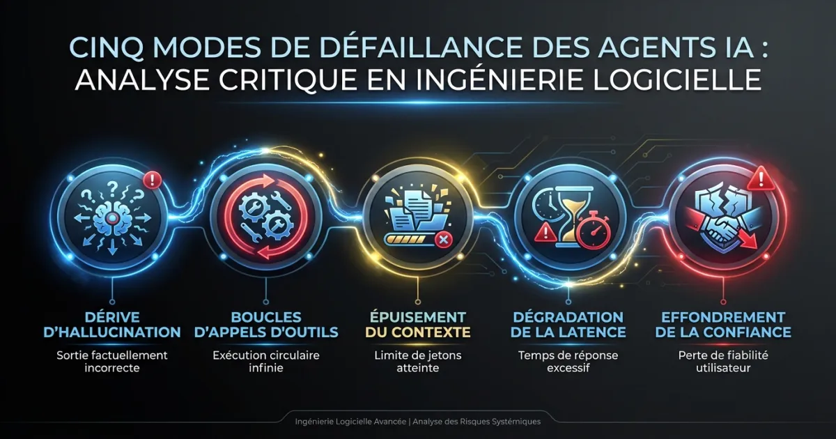 Tableau de bord d'observabilité des agents IA montrant cinq modes de défaillance : dérive d'hallucination, boucles d'appels d'outils, épuisement du contexte, dégradation de la latence et effondrement de la confiance