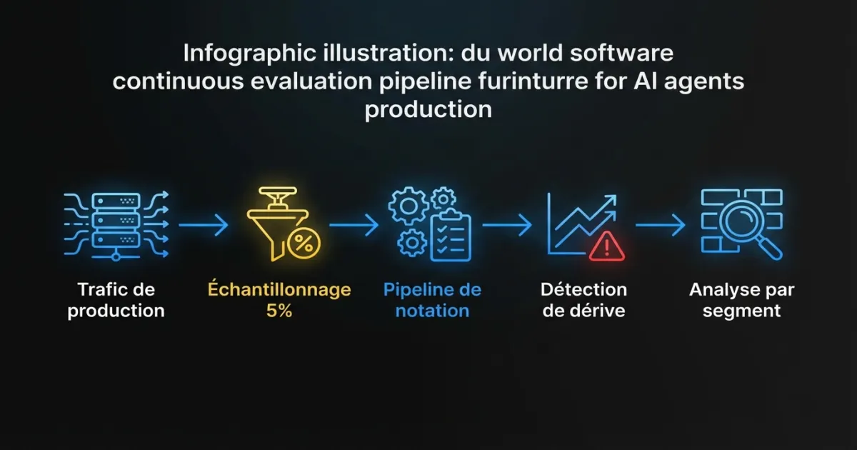 Pipeline d'évaluation continue montrant l'échantillonnage du trafic de production, la notation, la détection de dérive et l'analyse de performance par segment