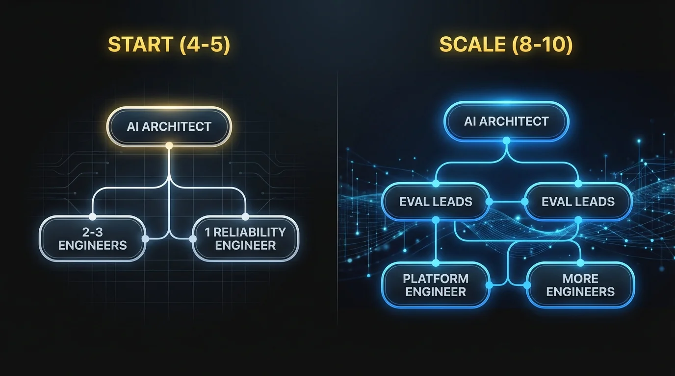 AI team scaling: Start with 4-5 people (Architect, Engineers, Reliability) growing to 8-10 (adding Eval Leads, Platform Engineer)