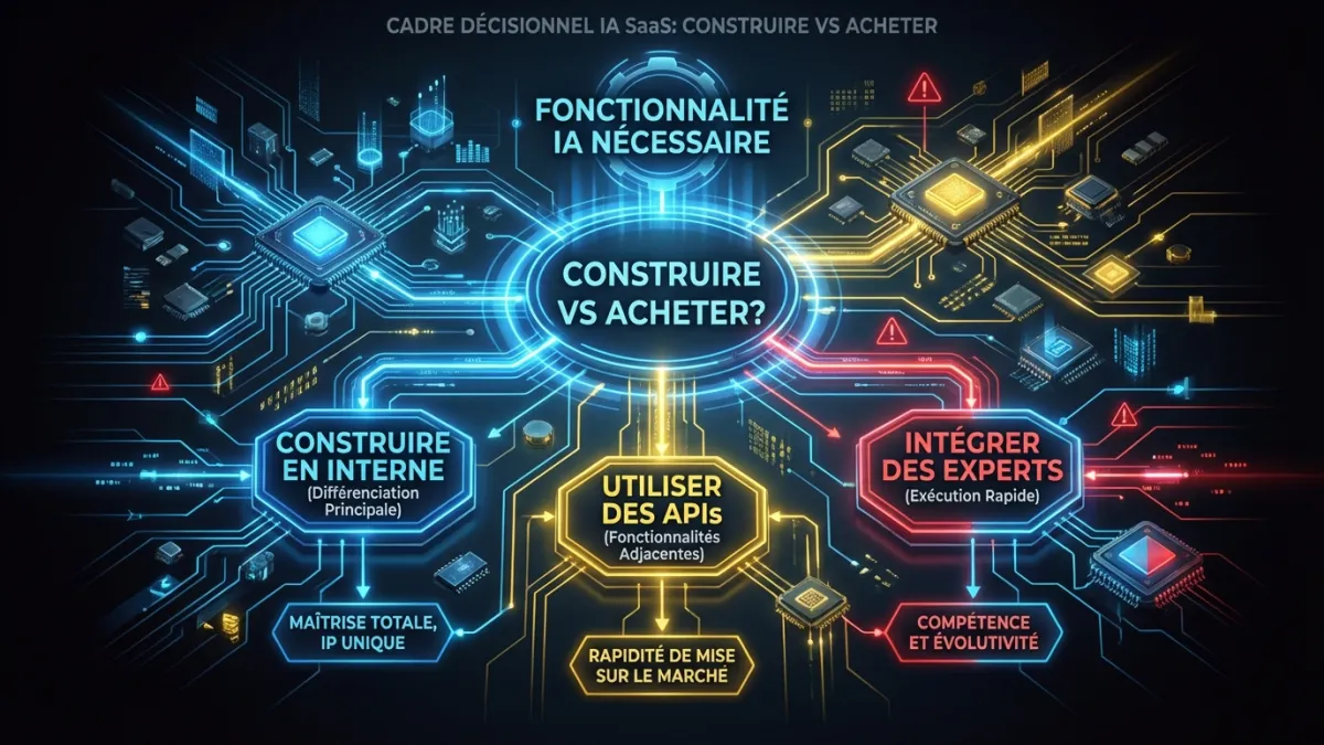 Cadre décisionnel Construire vs Acheter pour les fonctionnalités IA, comparant les fonctionnalités de différenciation fondamentale aux capacités adjacentes