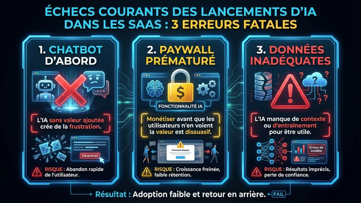 Erreurs courantes de lancement de fonctionnalités IA : pensée chatbot d'abord, paywall prématuré et ignorance de la maturité des données