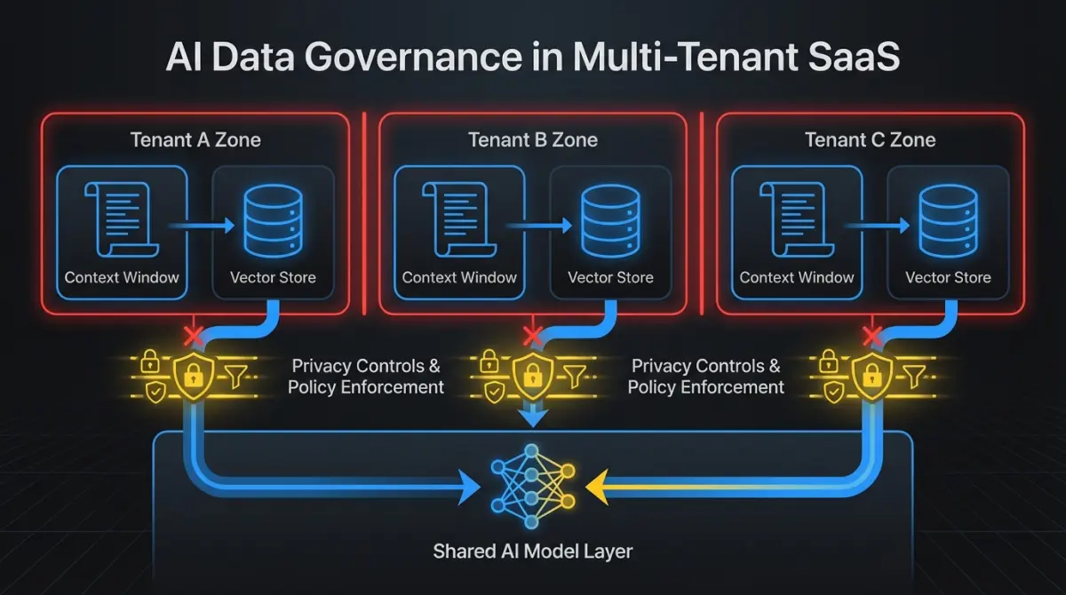 Data flow diagram showing customer data moving through AI pipeline with tenant isolation and privacy controls