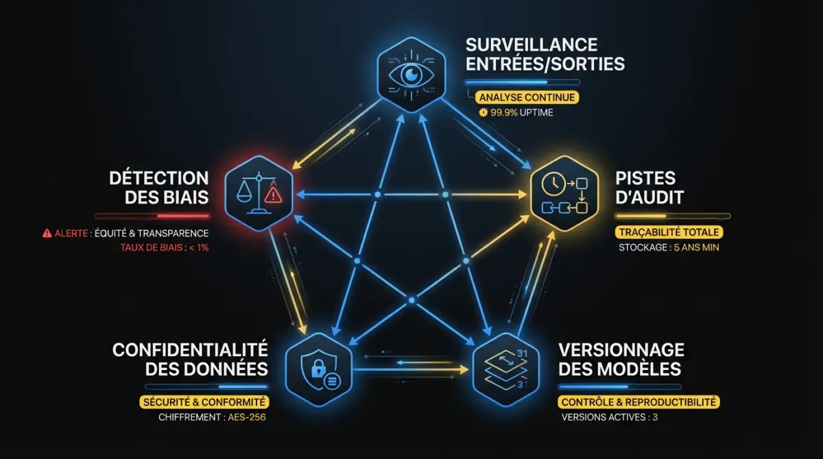 Cadre de gouvernance IA montrant cinq piliers fondamentaux : surveillance des entrées/sorties, détection des biais, pistes d'audit, confidentialité des données et versionnage des modèles