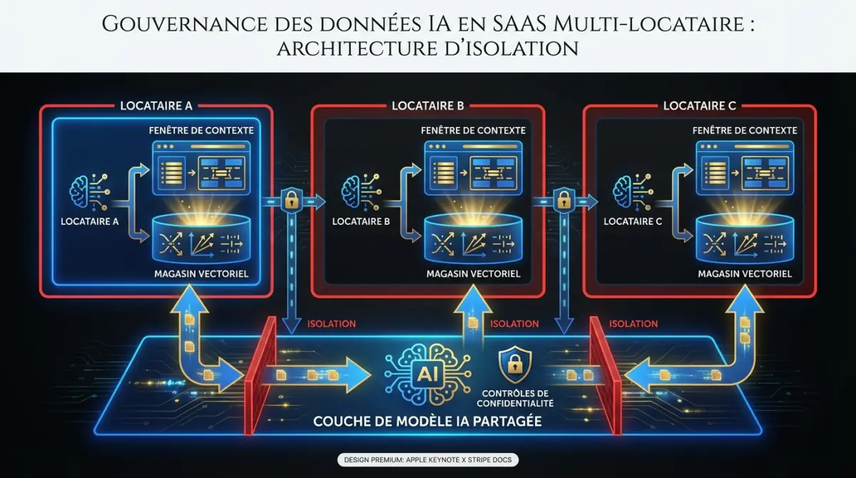Diagramme de flux de données montrant les données clients traversant le pipeline IA avec isolation des locataires et contrôles de confidentialité
