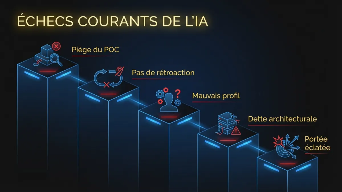 Cinq modes d'échec courants en implémentation IA : Piège du POC, Pas de rétroaction, Mauvais profil, Dette architecturale et Portée éclatée