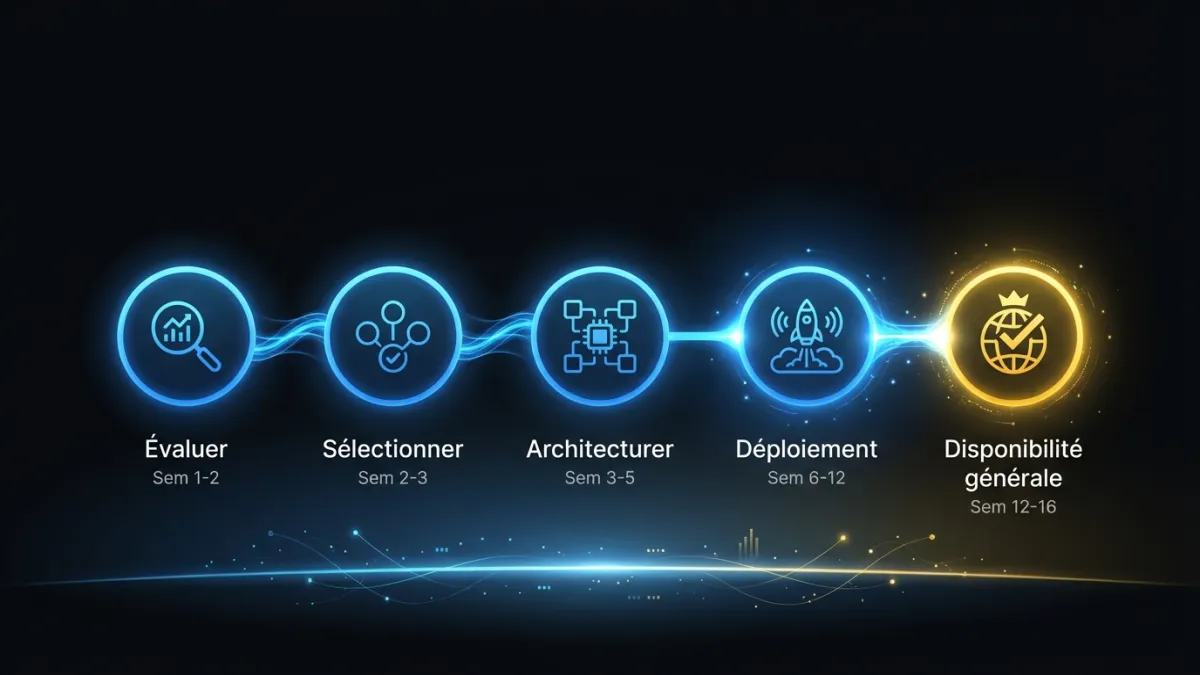 Chronologie d'implémentation montrant cinq phases : Évaluer (Sem 1-2), Sélectionner (Sem 2-3), Architecturer (Sem 3-5), Déploiement (Sem 6-12) et Disponibilité générale (Sem 12-16)