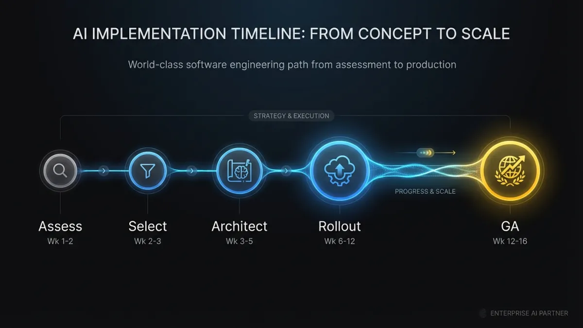 Implementation timeline showing five phases: Assess (Wk 1-2), Select (Wk 2-3), Architect (Wk 3-5), Rollout (Wk 6-12), and GA (Wk 12-16)