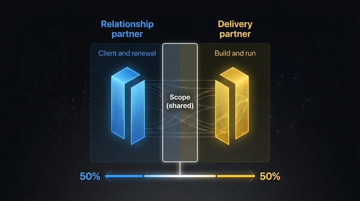 Ownership split between the relationship partner, who owns the client relationship, adoption and renewal, and the delivery partner, who owns architecture, build and production, with scope shared in the middle