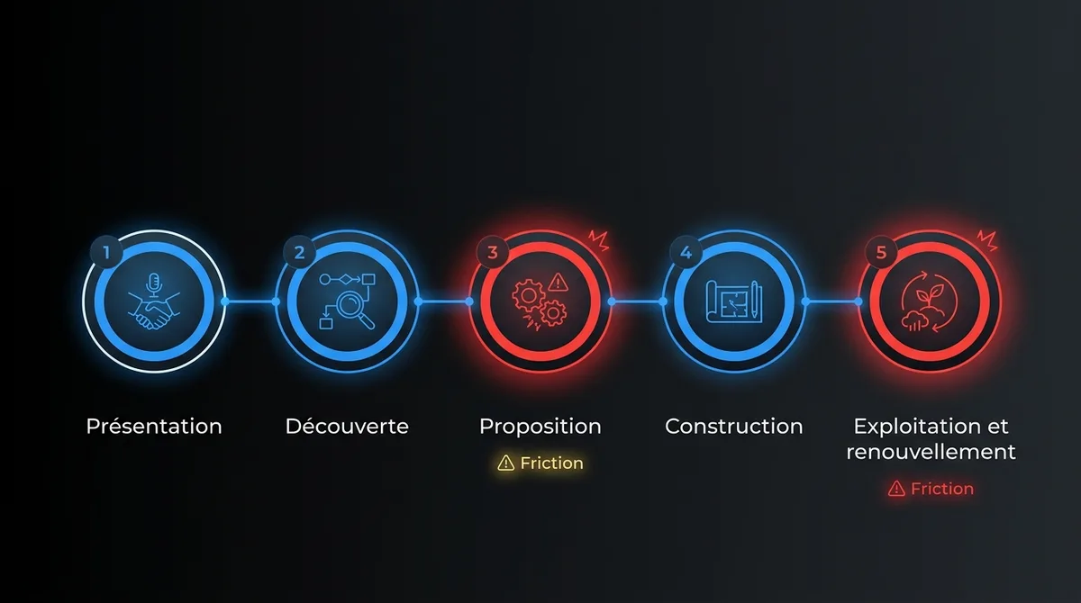 Diagramme montrant les cinq transferts d’un projet d’IA en covente, présentation, découverte, proposition, construction et exploitation, avec la proposition et l’exploitation signalées comme les points de friction principaux