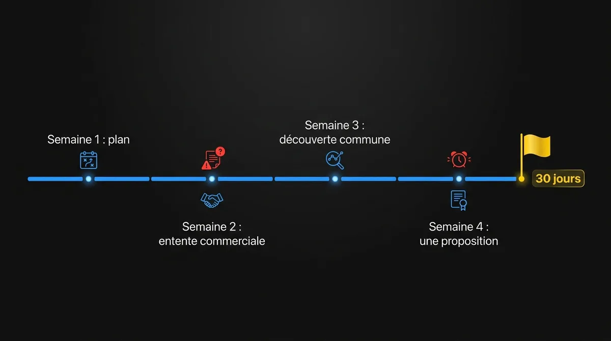 Diagramme montrant l’échéancier de 30 jours vers un premier livrable : semaine 1 séance de plan, semaine 2 entente commerciale, semaine 3 découverte commune, semaine 4 proposition unique