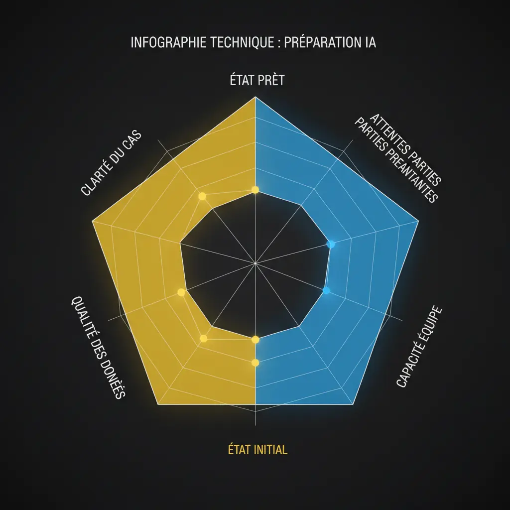 Cinq dimensions de préparation IA visualisées sous forme de diagramme radar : clarté du cas d'usage, qualité des données, architecture, capacité de l'équipe et attentes des parties prenantes
