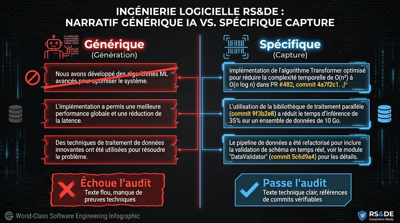 Comparaison côte à côte d'un narratif RS&DE générique basé sur la génération versus un narratif spécifique basé sur la capture avec références aux commits