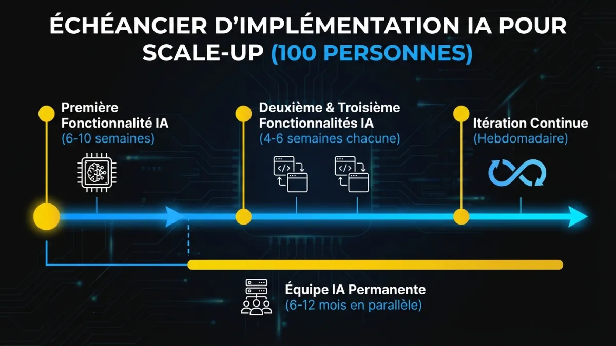 Échéancier réaliste d'implémentation IA pour les scale-ups : de la première fonctionnalité à l'équipe permanente