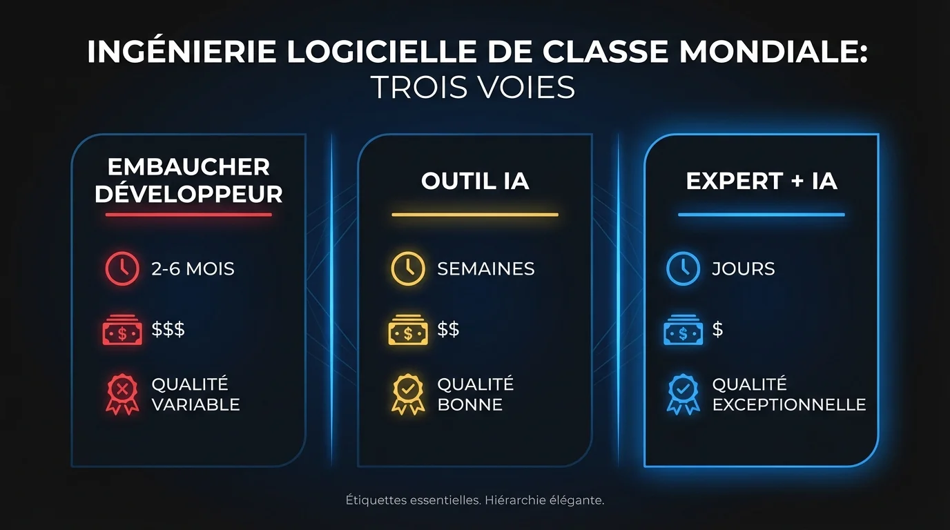 Comparaison des trois voies: embaucher des développeurs, utiliser des outils IA, ou construction IA supervisée par des experts