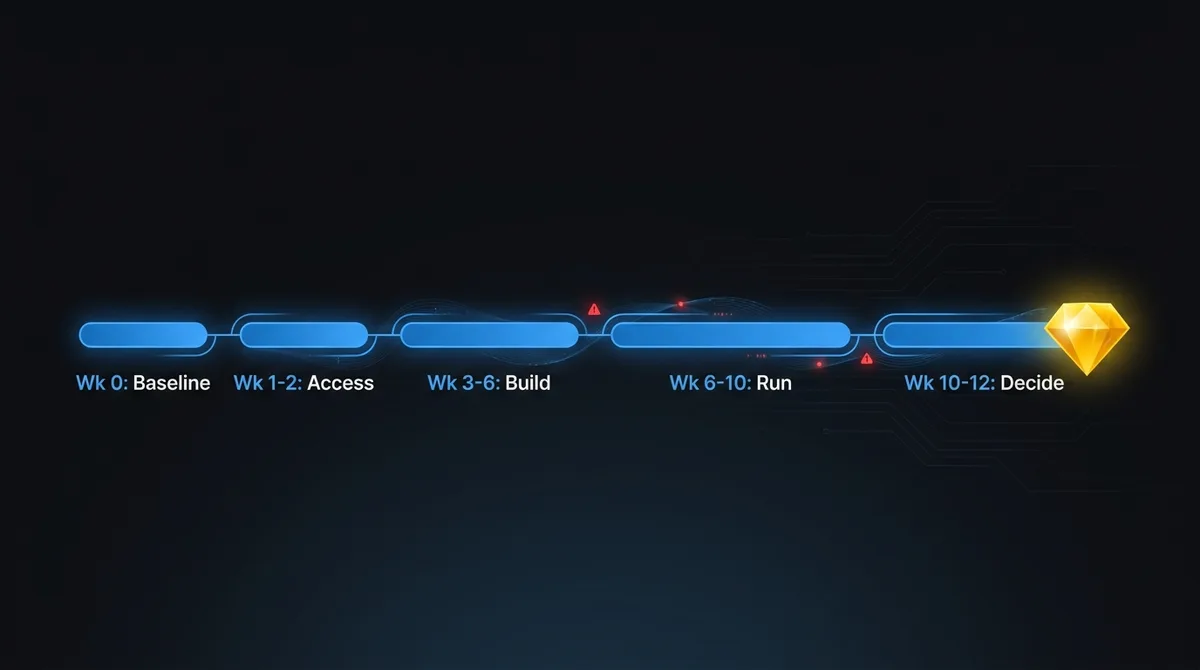 Timeline of a 6 to 12 week AI pilot: baseline in week 0, access and spec in weeks 1-2, build in weeks 3-6, run with one team in weeks 6-10, measure and decide in weeks 10-12