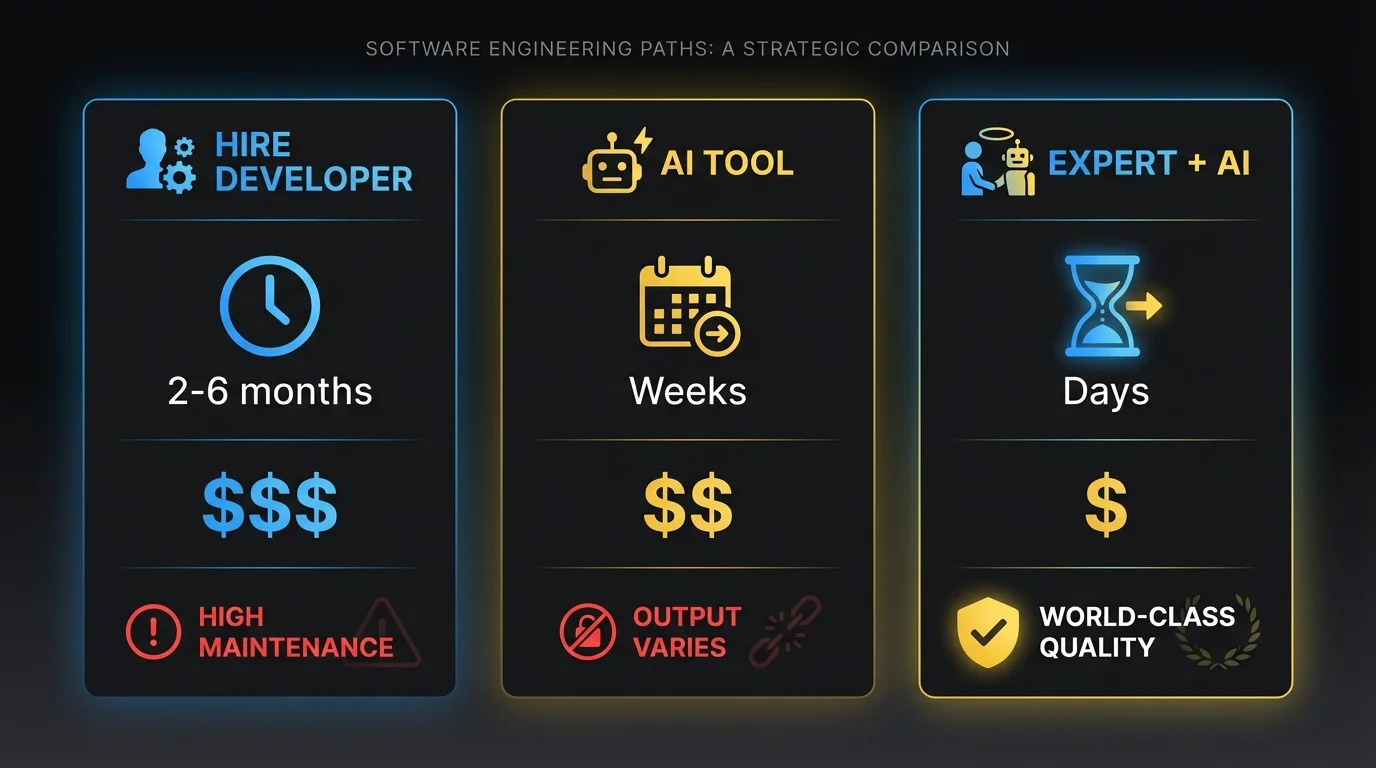 Comparison of three paths: hiring developers, using AI tools, or expert-supervised AI building