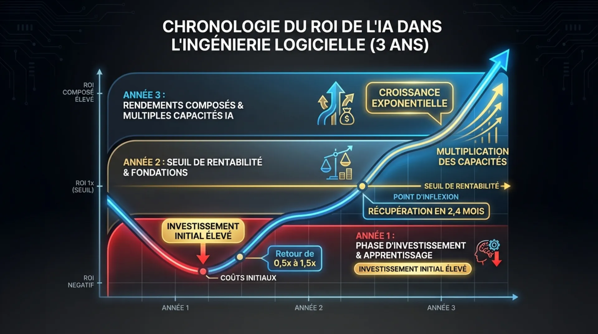 Chronologie du ROI montrant la récupération de l'investissement à 2,4 mois et les rendements composés sur 3 ans