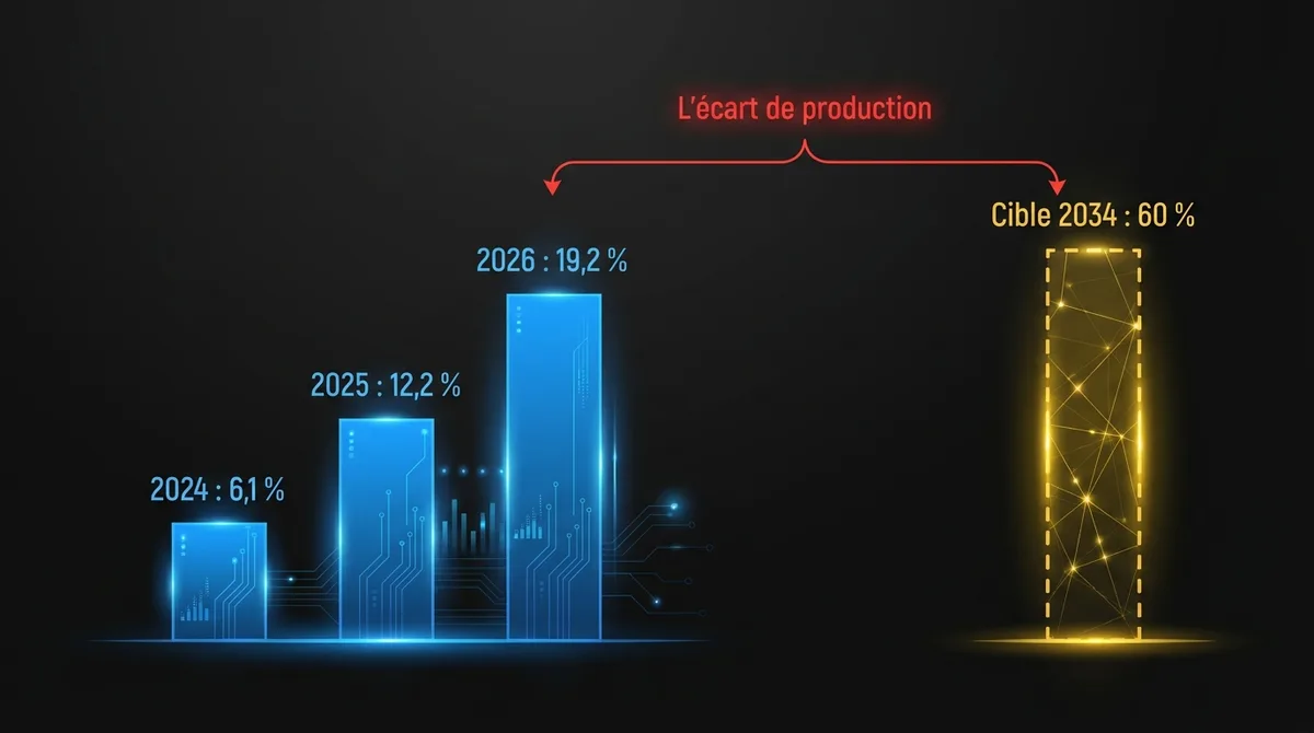 Diagramme montrant l’adoption de l’IA par les entreprises canadiennes : 6,1 % en 2024, 12,2 % en 2025, 19,2 % en 2026, face à une cible nationale de 60 % en 2034