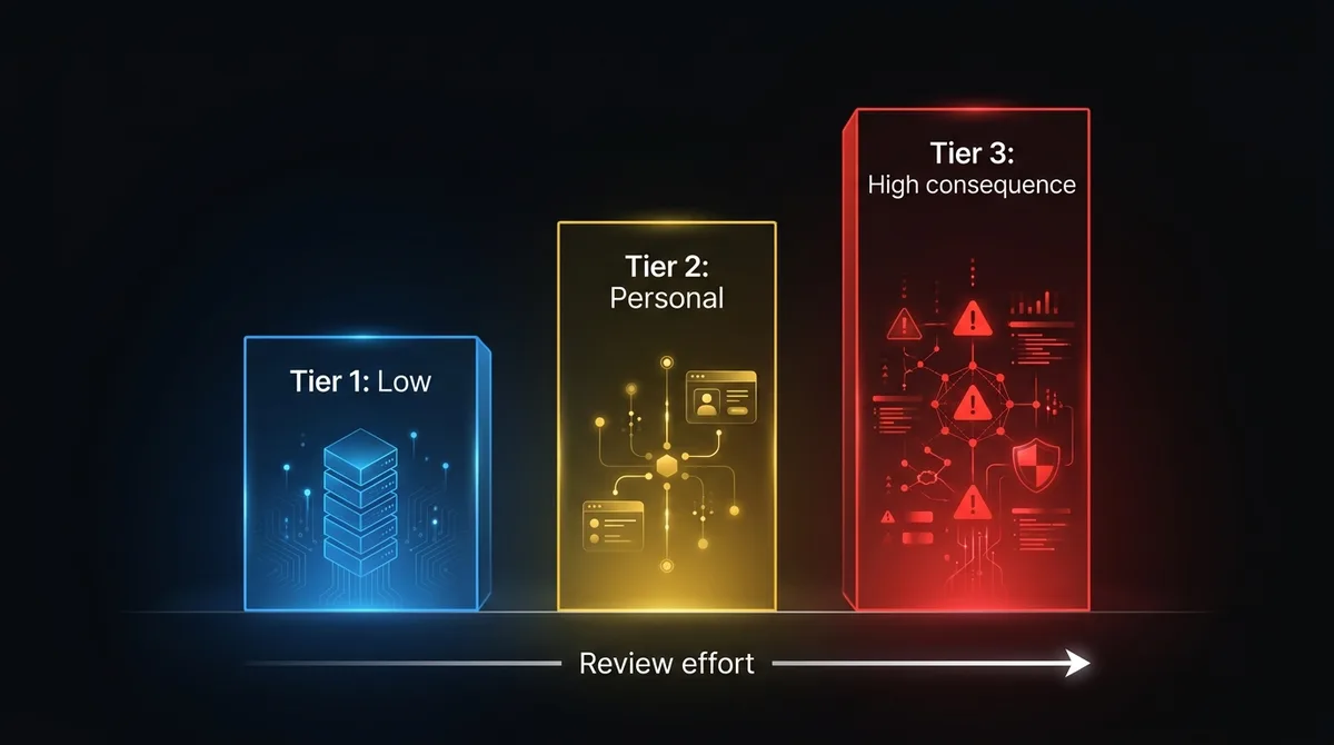 Three exposure tiers for AI workloads: low exposure, personal or contractual, and high consequence