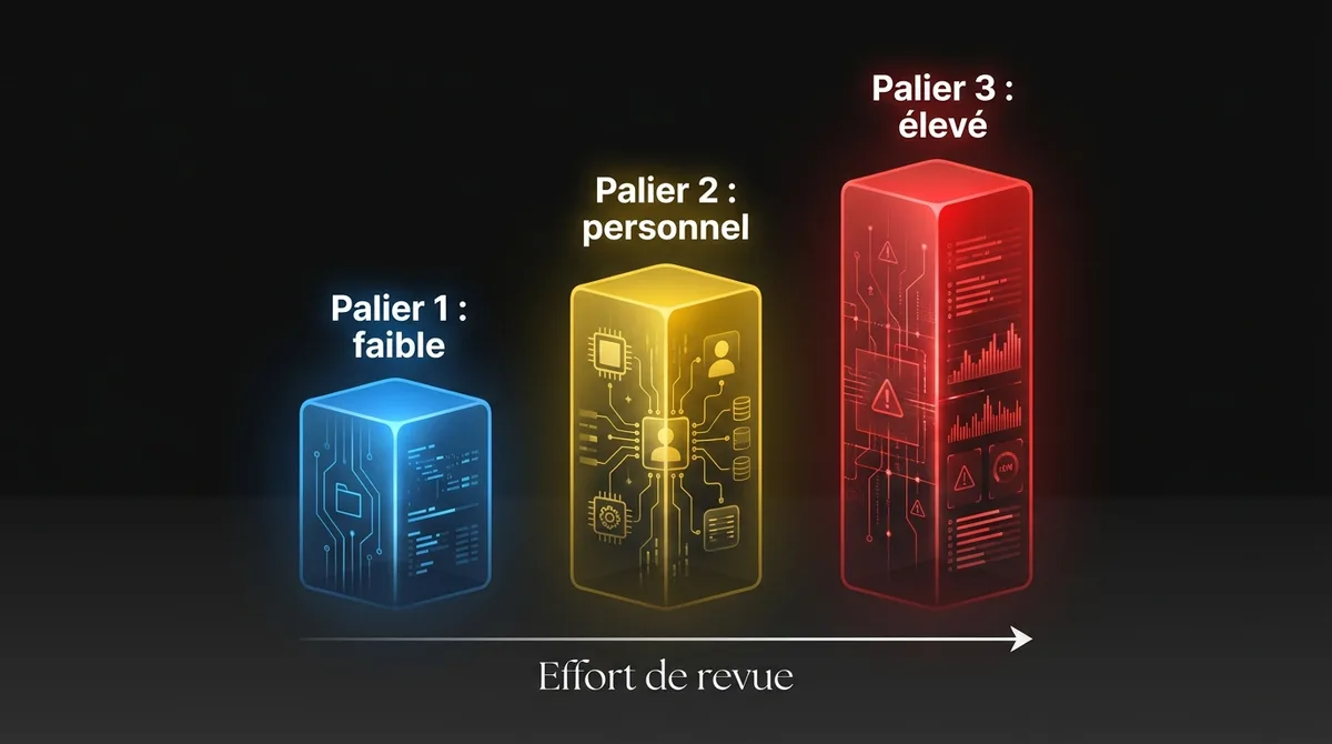 Diagramme montrant les trois paliers d’exposition des charges de travail IA : faible exposition, données personnelles ou contractuelles et conséquences élevées