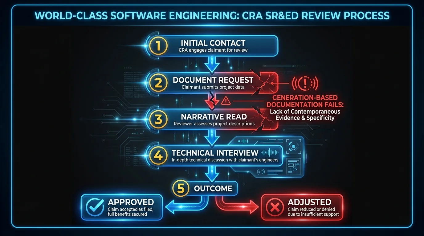 CRA SR&ED review process flowchart: five steps from initial contact through document request, narrative read, technical interview, and final outcome