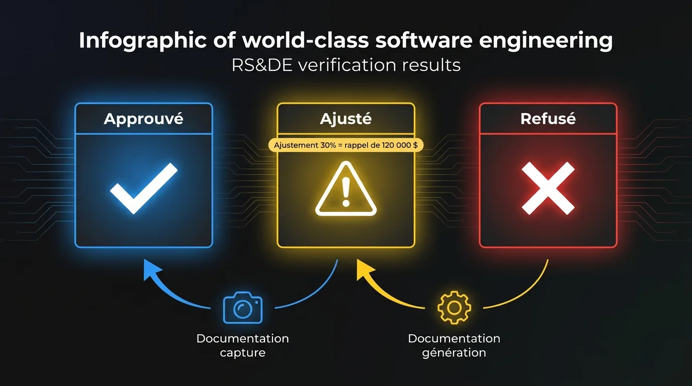 Diagramme des résultats d'une vérification RS&DE : approuvé, ajusté et refusé, avec l'impact typique d'un ajustement sur une réclamation de 400 000 $