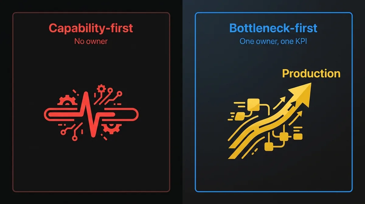 Capability-first agents have no owner, no baseline and optional usage, while bottleneck-first agents start with an owner, a baseline and work that arrives on its own