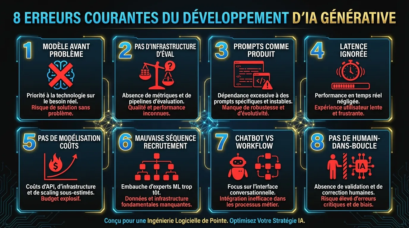 Les huit erreurs les plus courantes dans le développement d'IA générative, organisées par phase : architecture, infrastructure et déploiement