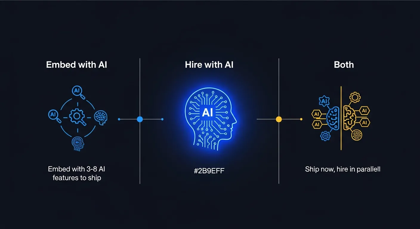 Decision framework: Hire when AI is core product, Embed for 3-8 AI features to ship, Both to ship now and hire in parallel