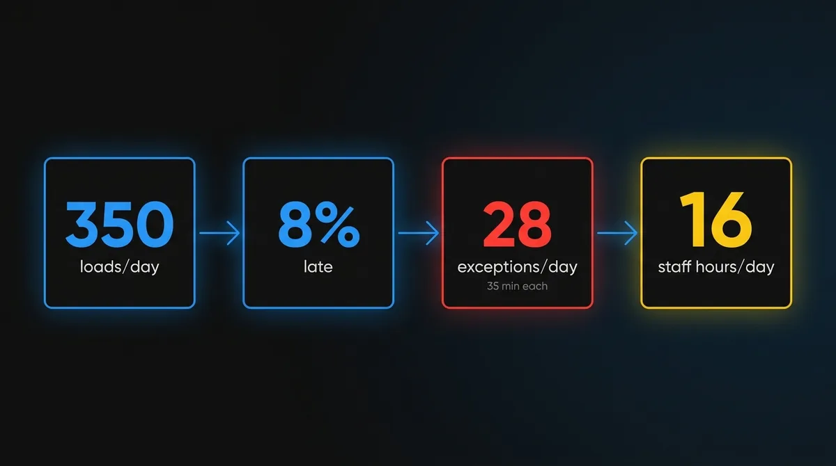 Late inbound loads at a 3PL: 350 loads a day, 8% late or 28 exceptions, 35 minutes each, roughly 16 staff hours a day