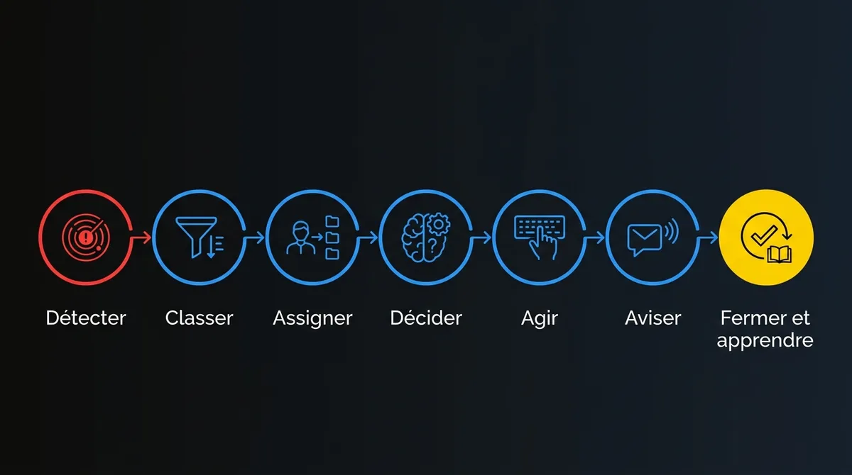 Diagramme montrant les sept étapes du parcours d’une exception logistique : détecter, classer, assigner, décider, agir, aviser, fermer et apprendre