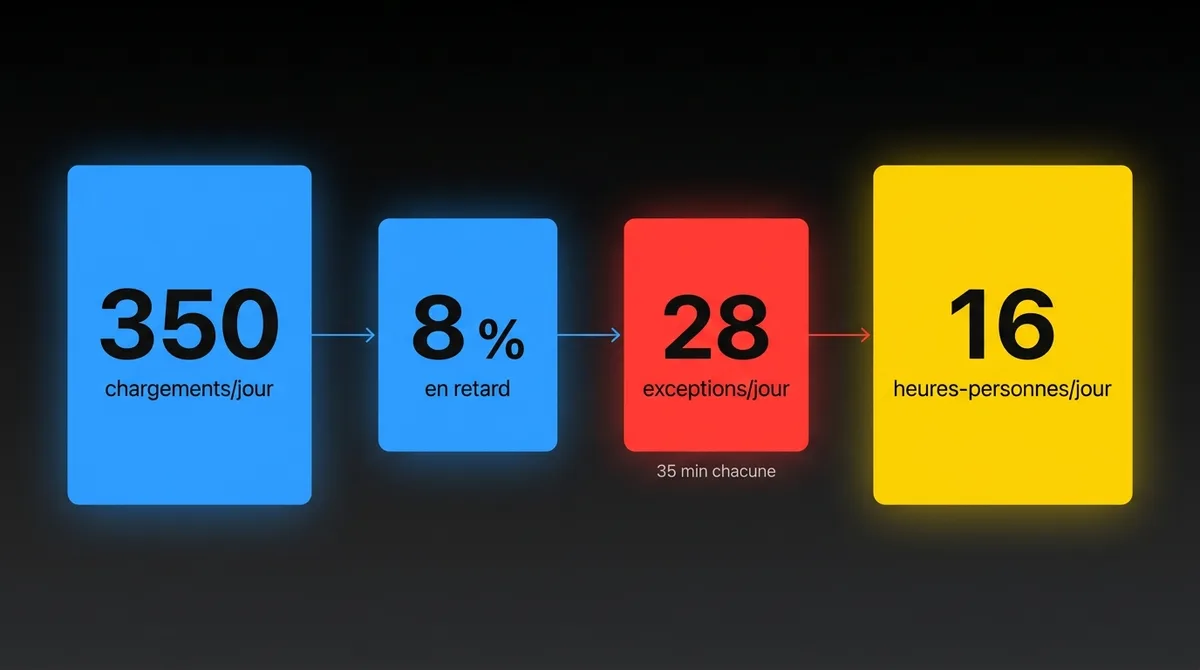 Diagramme montrant les chargements entrants en retard chez un 3PL : 350 chargements par jour, 8 % en retard ou 28 exceptions, 35 minutes chacune, environ 16 heures-personnes par jour