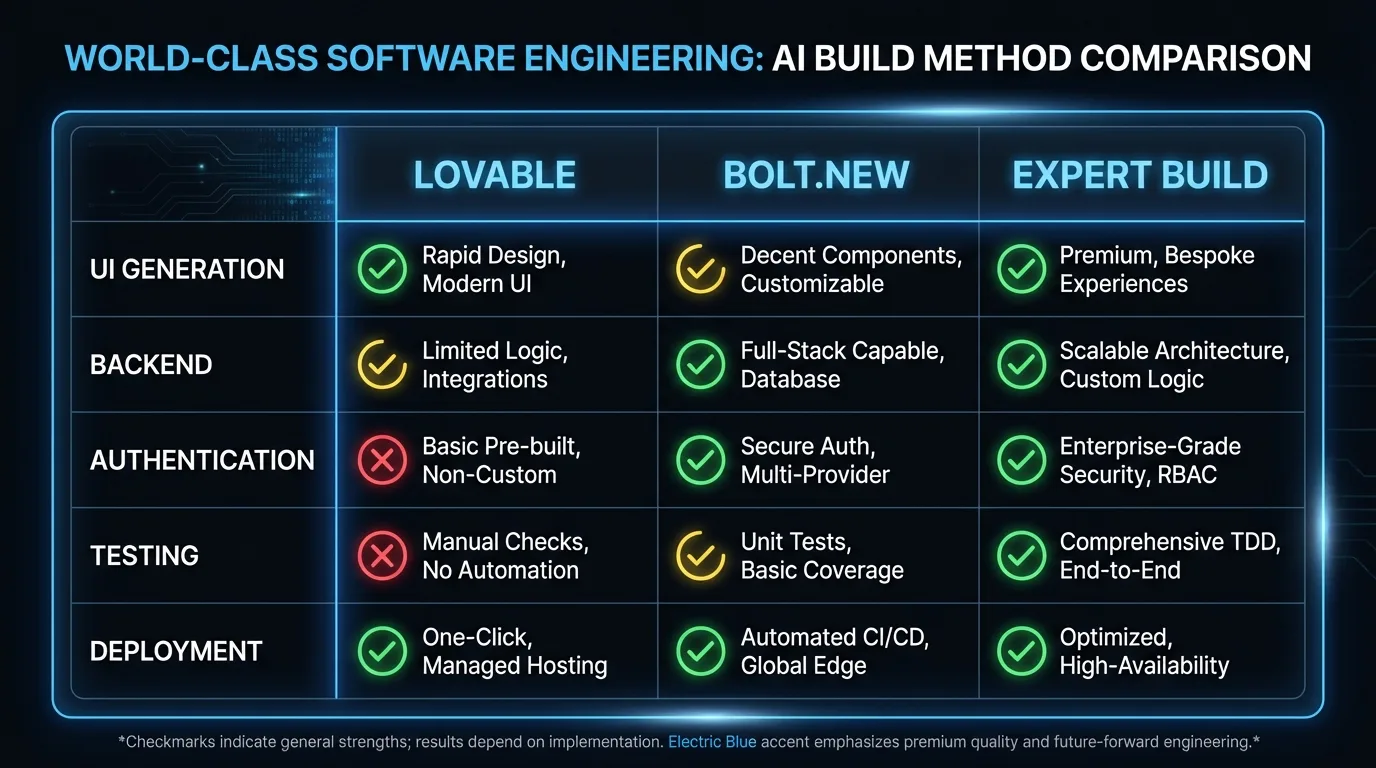 Feature comparison of Lovable, Bolt.new, and expert-supervised AI builds across UI generation, backend, auth, testing, and deployment