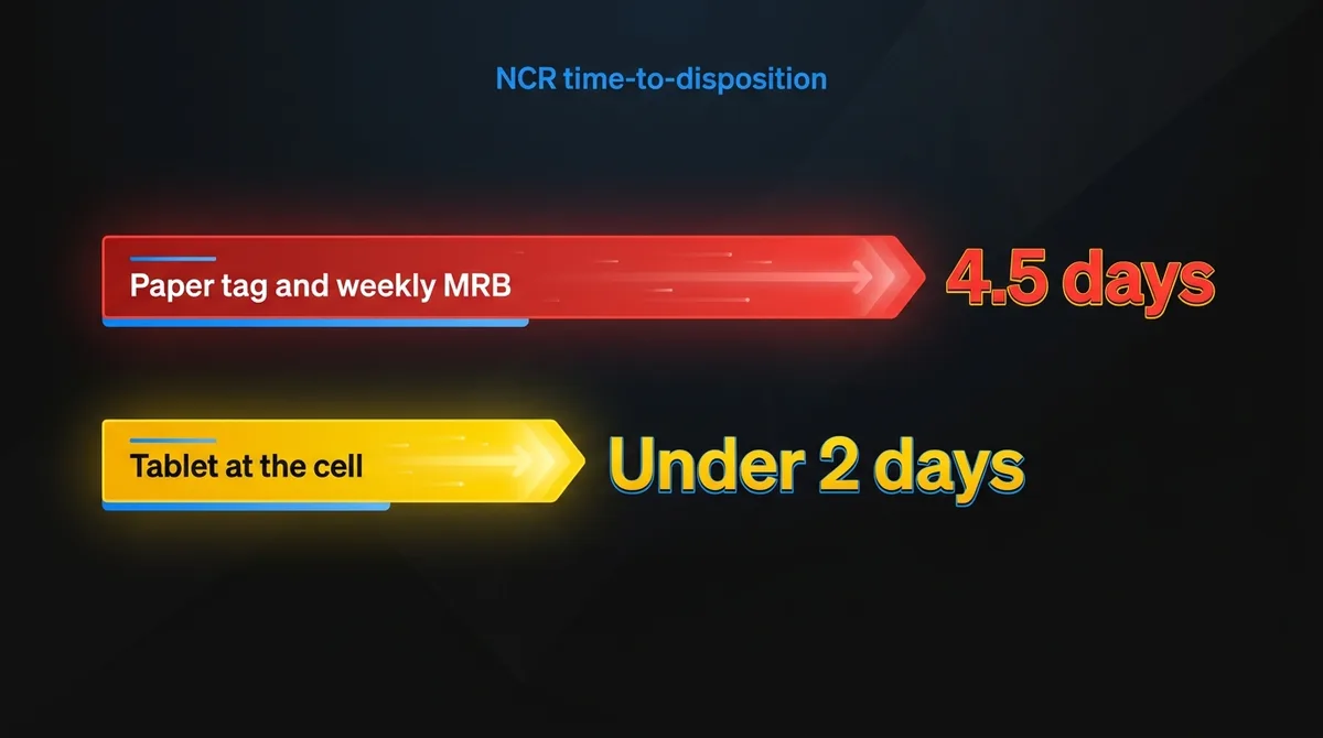 NCR disposition before and after: paper tag, next-day QMS entry and weekly MRB meeting at 4.5 days, versus tablet capture at the cell, auto-drafted QMS record and daily approval under 2 days