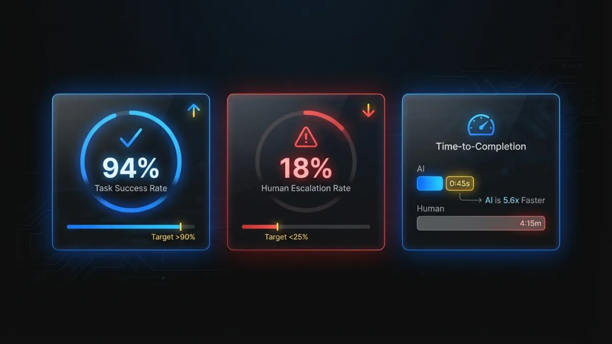 Infographic showing three key task completion metrics for AI features: task success rate, human escalation rate, and time-to-completion with target benchmarks
