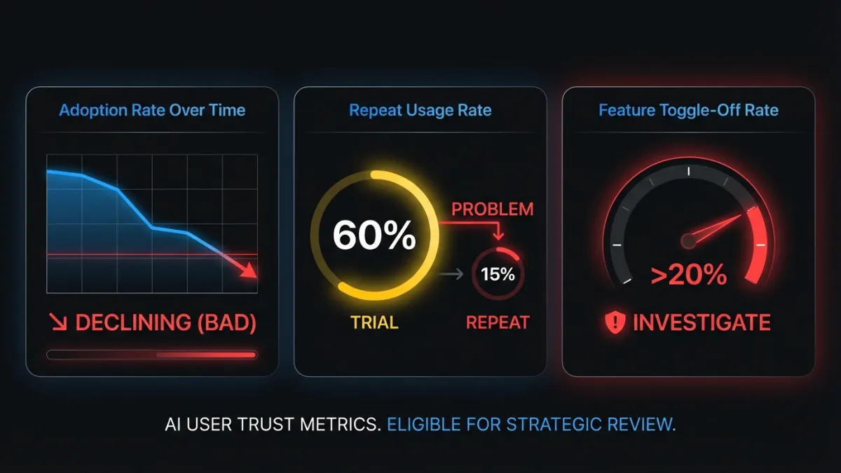 Infographic illustrating AI trust metrics: adoption rate over time, repeat usage rate, and feature toggle-off rate with warning thresholds