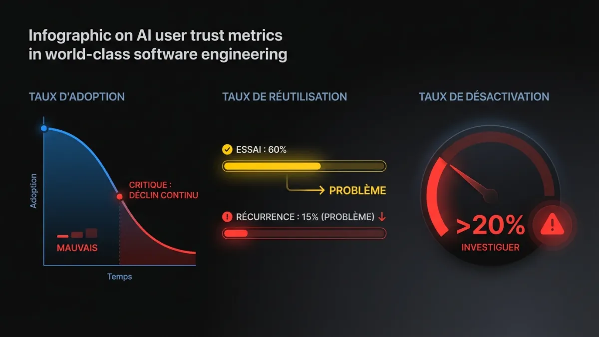 Infographie illustrant les métriques de confiance IA : taux d'adoption dans le temps, taux de réutilisation et taux de désactivation avec seuils d'avertissement