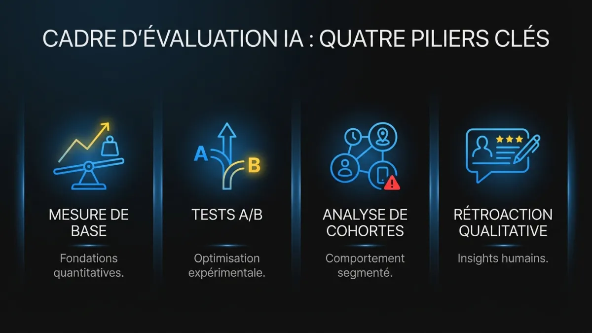 Infographie montrant les quatre piliers d'un cadre d'évaluation IA : mesure de base, tests A/B, analyse de cohortes et rétroaction qualitative